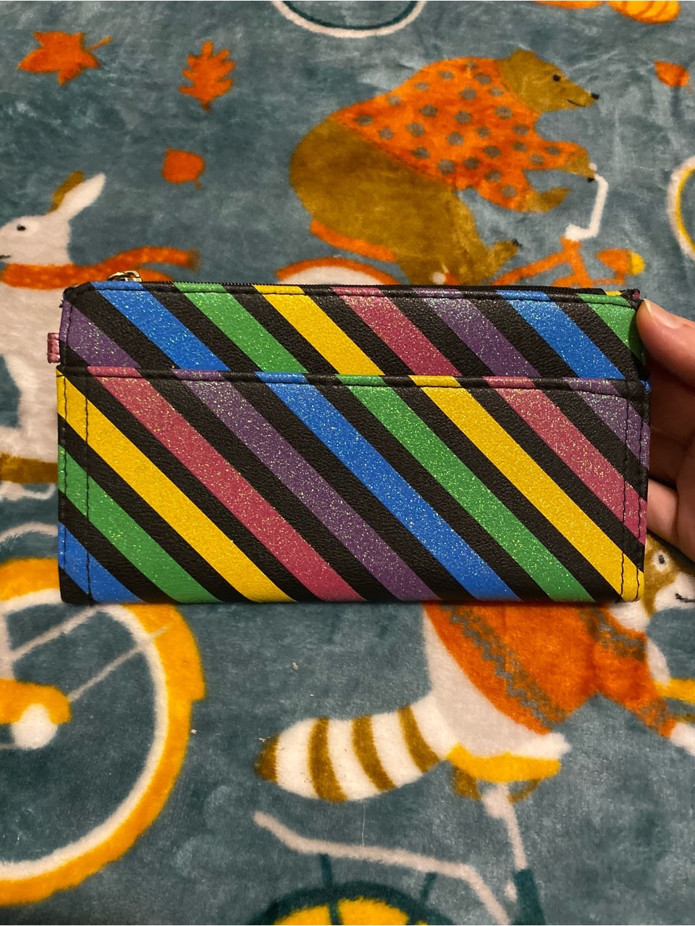 Black Rainbow Stripe Glitter Wallet Snap Closure Gold Tone Zipper No Boundaries
